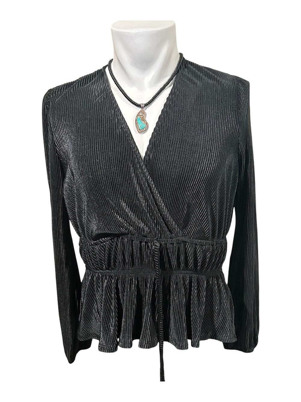love, Fire Black Pleated Wrap-Front Peplum Blouse